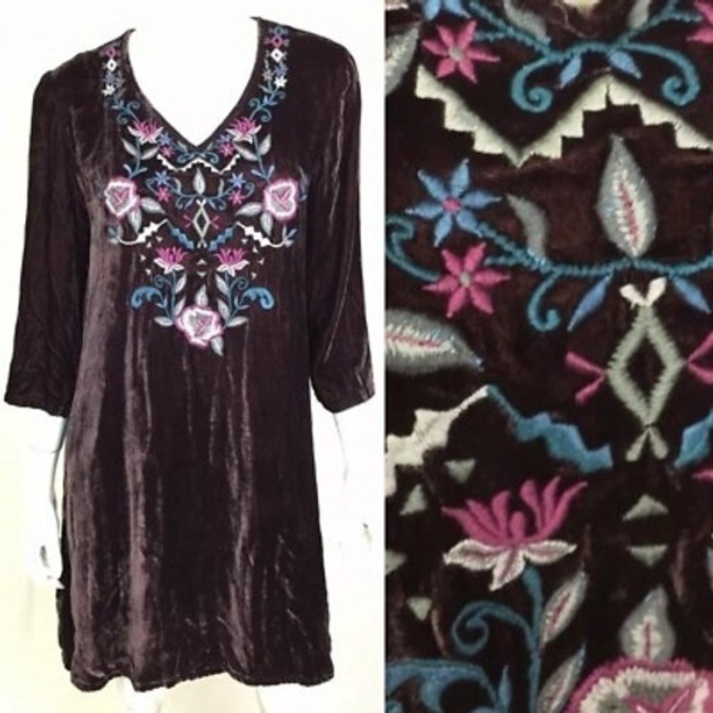 Kyla Seo Black Velvet Embroidered Floral V-Neck Midi Dress Women Large Boho